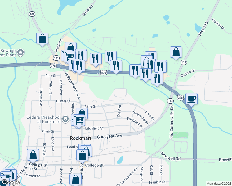 map of restaurants, bars, coffee shops, grocery stores, and more near 548 Lane Street in Rockmart