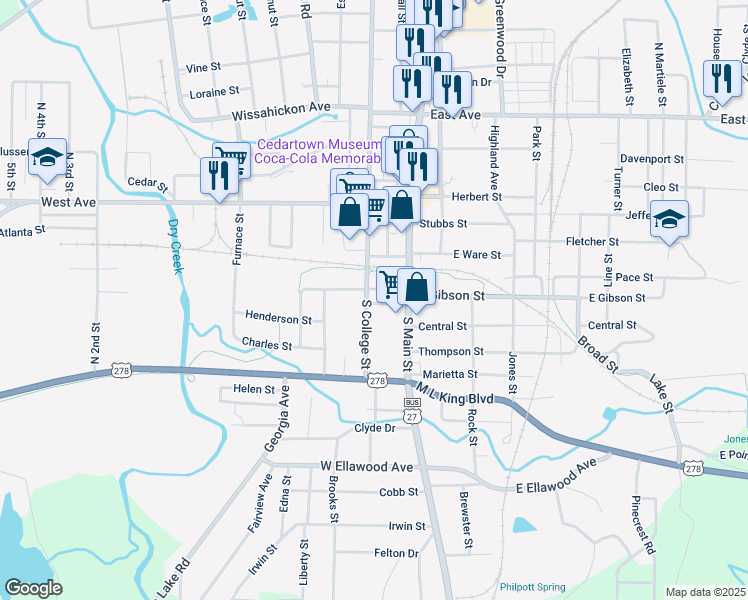 map of restaurants, bars, coffee shops, grocery stores, and more near 603 South College Street in Cedartown