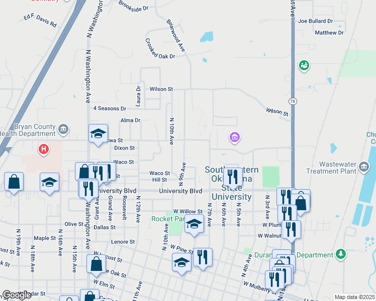 map of restaurants, bars, coffee shops, grocery stores, and more near 1511 North 9th Avenue in Durant