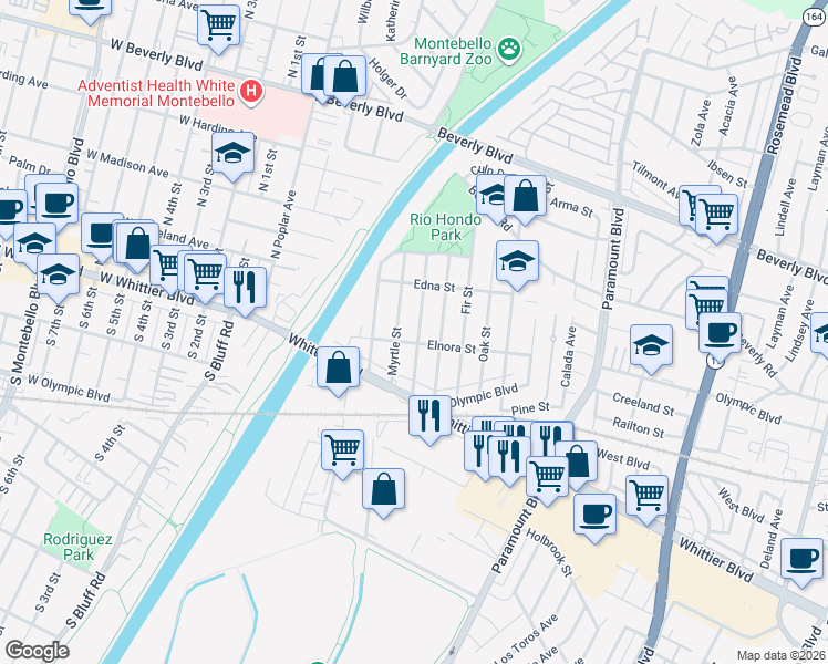 map of restaurants, bars, coffee shops, grocery stores, and more near 4753 Orange Street in Pico Rivera
