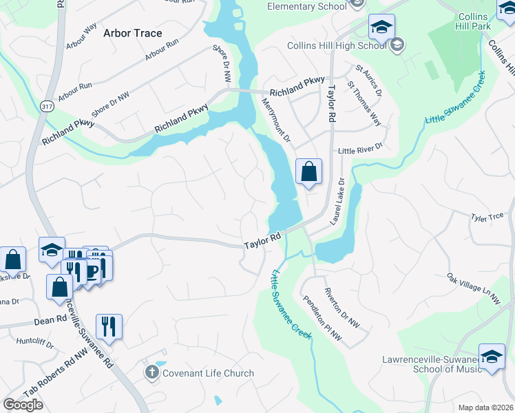 map of restaurants, bars, coffee shops, grocery stores, and more near 2130 Wildwood Lake Drive in Suwanee