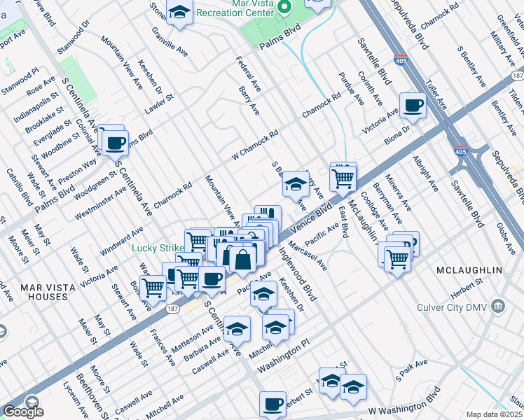 map of restaurants, bars, coffee shops, grocery stores, and more near 3724 Inglewood Boulevard in Los Angeles