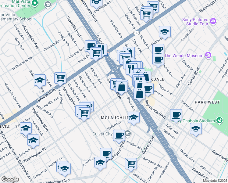 map of restaurants, bars, coffee shops, grocery stores, and more near 3971 Sawtelle Boulevard in Los Angeles