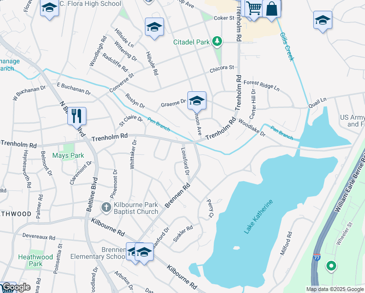 map of restaurants, bars, coffee shops, grocery stores, and more near 1577 Lonsford Drive in Columbia