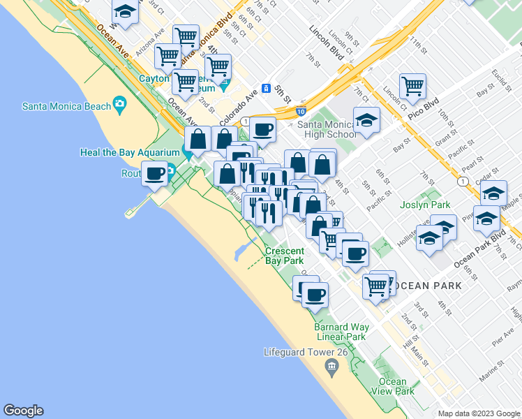 map of restaurants, bars, coffee shops, grocery stores, and more near 17 Vicente Terrace in Santa Monica
