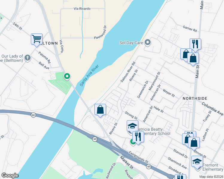 map of restaurants, bars, coffee shops, grocery stores, and more near 1549 Julia Way in Riverside
