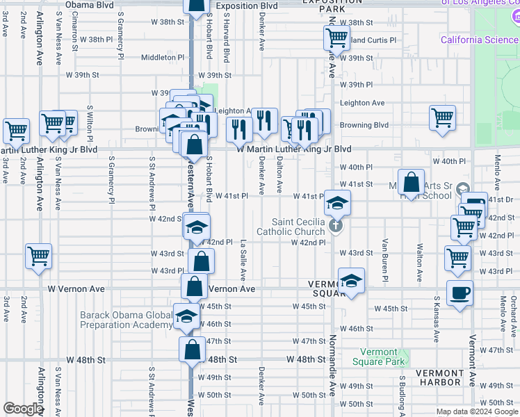map of restaurants, bars, coffee shops, grocery stores, and more near 4169 Denker Avenue in Los Angeles