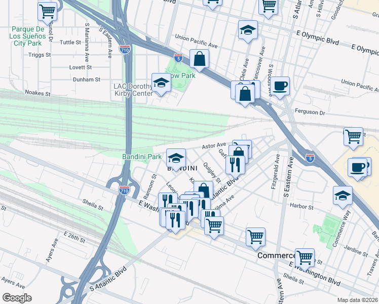 map of restaurants, bars, coffee shops, grocery stores, and more near in Commerce