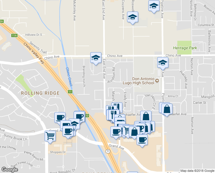map of restaurants, bars, coffee shops, grocery stores, and more near 3702 Leticia Street in Chino