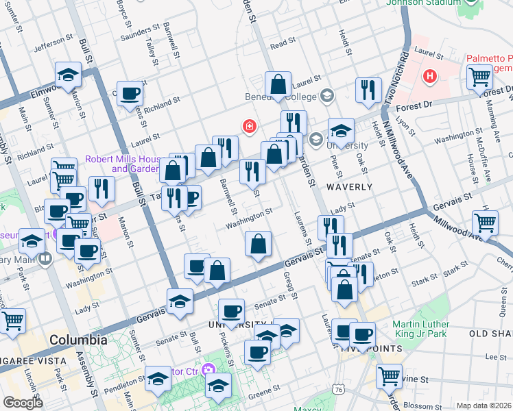 map of restaurants, bars, coffee shops, grocery stores, and more near 1427 Gregg Street in Columbia