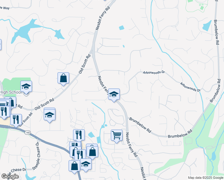 map of restaurants, bars, coffee shops, grocery stores, and more near 9425 Nesbit Ferry Road in Alpharetta