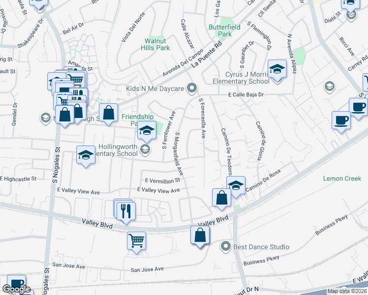 map of restaurants, bars, coffee shops, grocery stores, and more near 3829 South Nearpoint Drive in West Covina