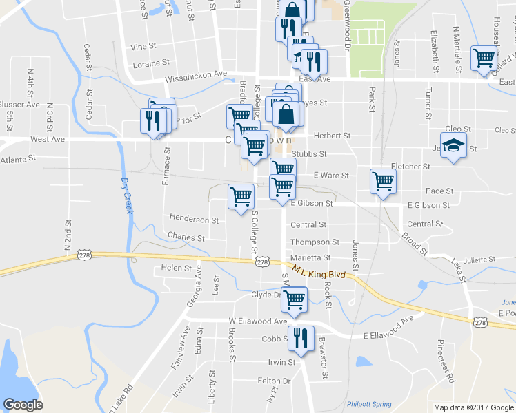 map of restaurants, bars, coffee shops, grocery stores, and more near 603 South College Street in Cedartown
