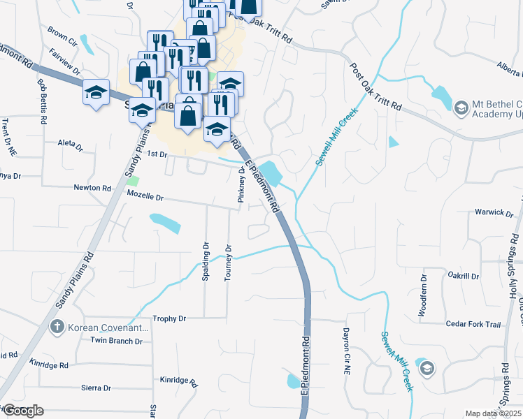 map of restaurants, bars, coffee shops, grocery stores, and more near 2301 East Piedmont Road in Marietta