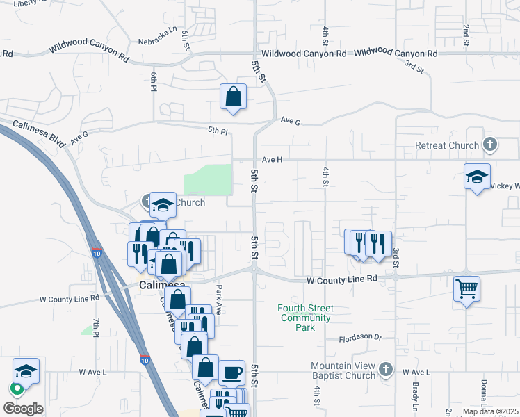map of restaurants, bars, coffee shops, grocery stores, and more near 13537 5th Street in Yucaipa