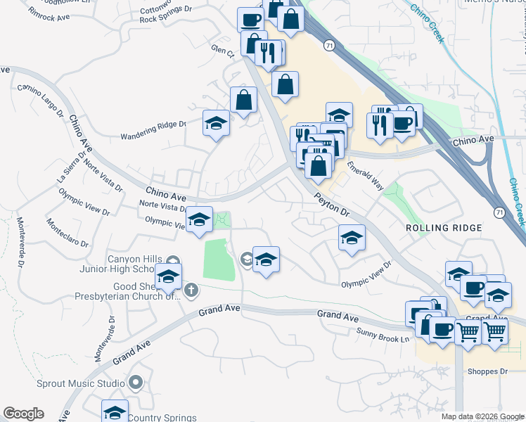 map of restaurants, bars, coffee shops, grocery stores, and more near 13511 Portofino Court in Chino Hills