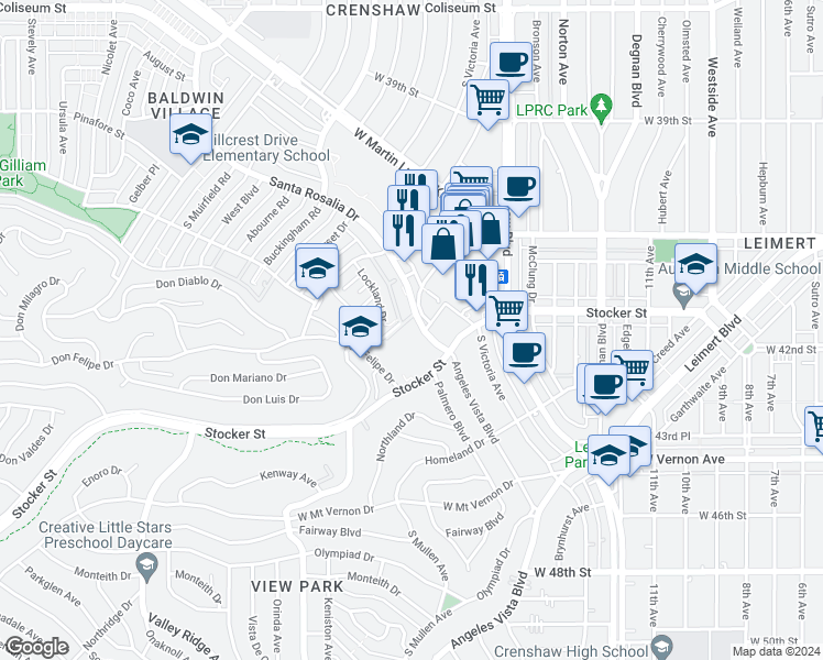 map of restaurants, bars, coffee shops, grocery stores, and more near 3749 Lockland Drive in Los Angeles