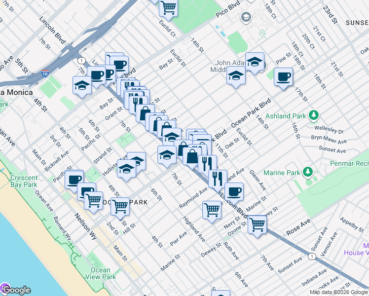 map of restaurants, bars, coffee shops, grocery stores, and more near 824 Maple Street in Santa Monica
