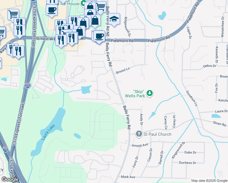 map of restaurants, bars, coffee shops, grocery stores, and more near 2326 Barrett Cottage PIace in Marietta