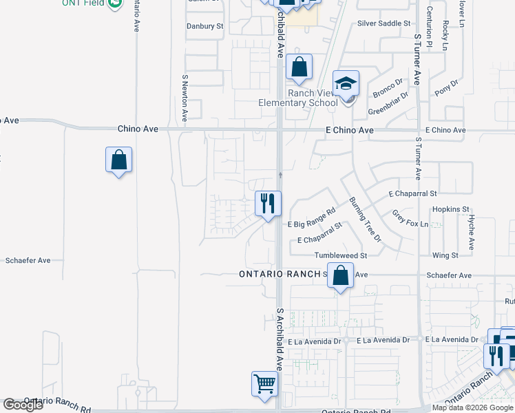 map of restaurants, bars, coffee shops, grocery stores, and more near 2645 Brockram Drive in Ontario