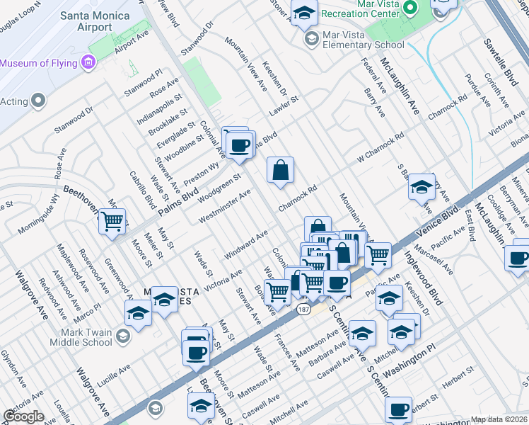 map of restaurants, bars, coffee shops, grocery stores, and more near 3605 South Centinela Avenue in Los Angeles