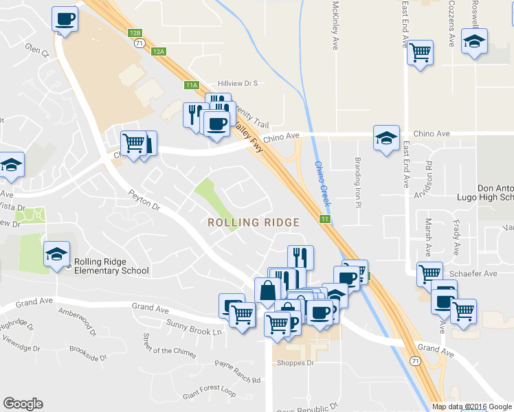 map of restaurants, bars, coffee shops, grocery stores, and more near 13474 Parkview Terrace in Chino Hills