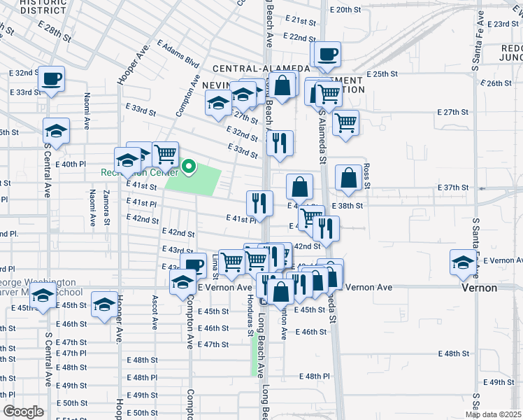 map of restaurants, bars, coffee shops, grocery stores, and more near 1686 E 41st St in Los Angeles