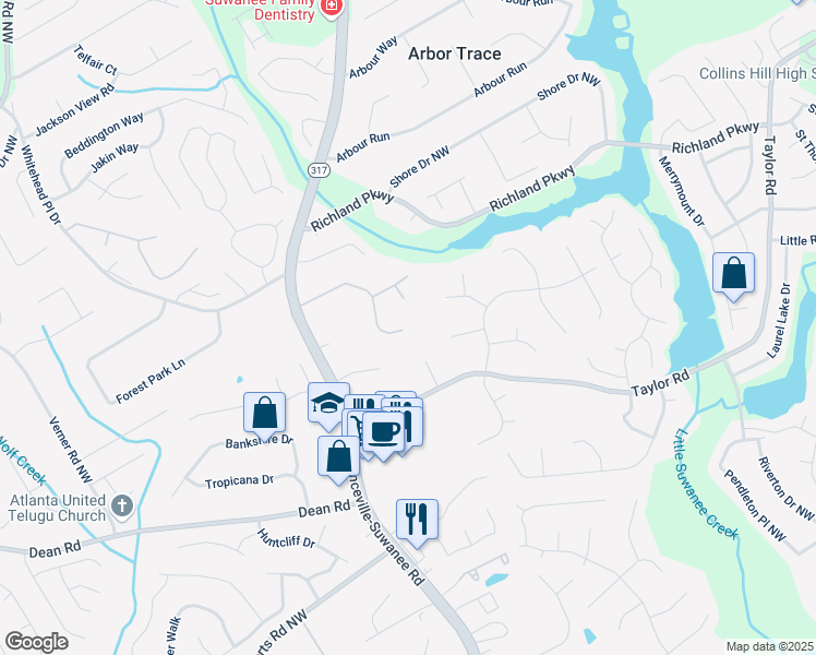 map of restaurants, bars, coffee shops, grocery stores, and more near 307 Lee Miller Drive in Suwanee