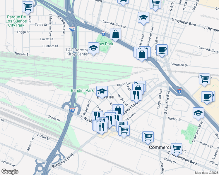 map of restaurants, bars, coffee shops, grocery stores, and more near 4912 Astor Avenue in Commerce