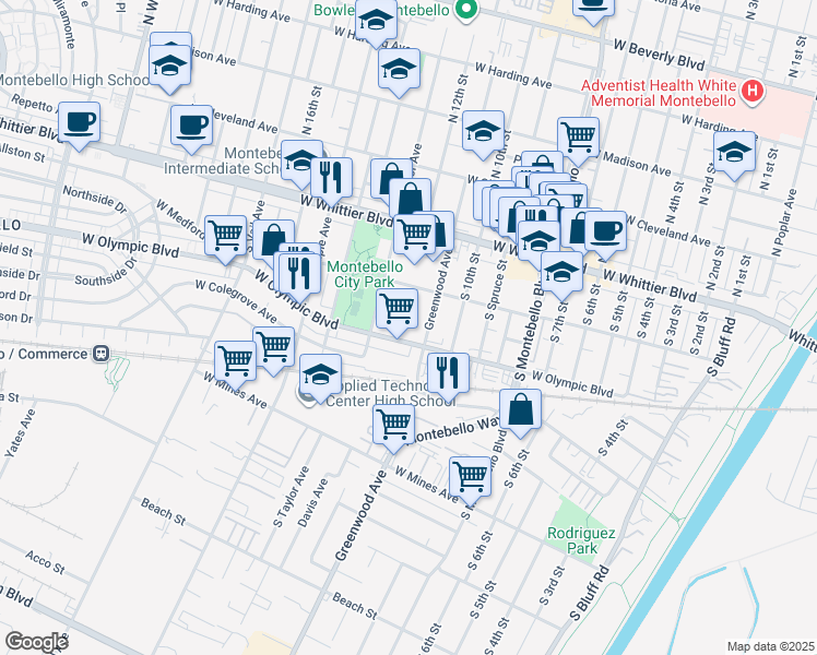 map of restaurants, bars, coffee shops, grocery stores, and more near 229 Greenwood Avenue in Montebello