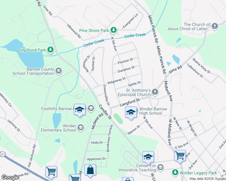 map of restaurants, bars, coffee shops, grocery stores, and more near 670 Meadowbrook Drive in Winder