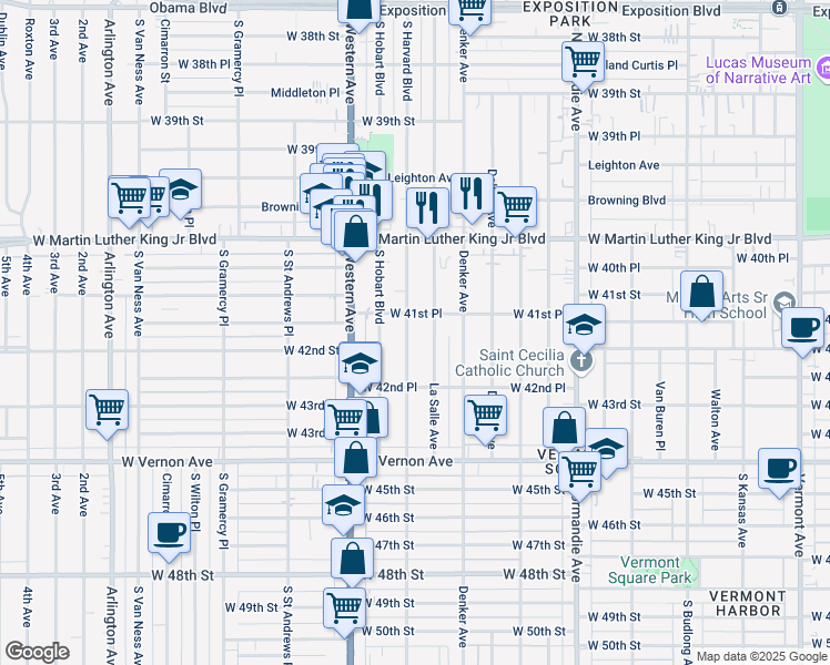 map of restaurants, bars, coffee shops, grocery stores, and more near 4166 South Harvard Boulevard in Los Angeles