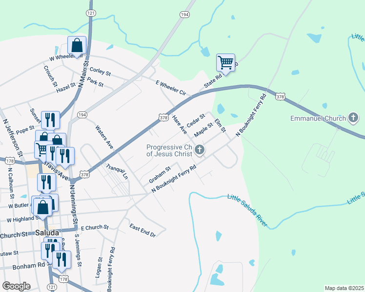 map of restaurants, bars, coffee shops, grocery stores, and more near 140 Myranda Avenue in Saluda