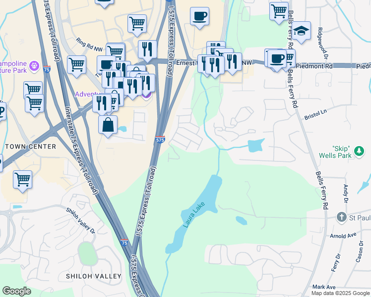 map of restaurants, bars, coffee shops, grocery stores, and more near 25 Jekyll Drive in Marietta