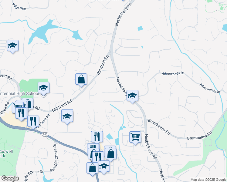 map of restaurants, bars, coffee shops, grocery stores, and more near 160 Arden Place in Alpharetta
