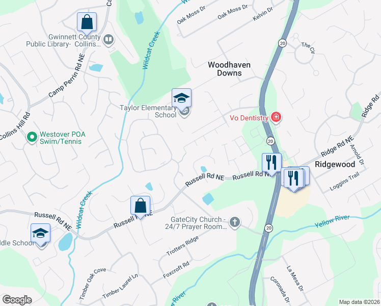 map of restaurants, bars, coffee shops, grocery stores, and more near 323 Leggett Oaks Lane in Lawrenceville