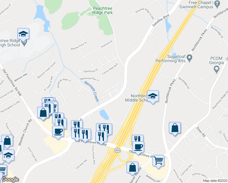 map of restaurants, bars, coffee shops, grocery stores, and more near 1325 Satellite Boulevard Northwest in Johns Creek