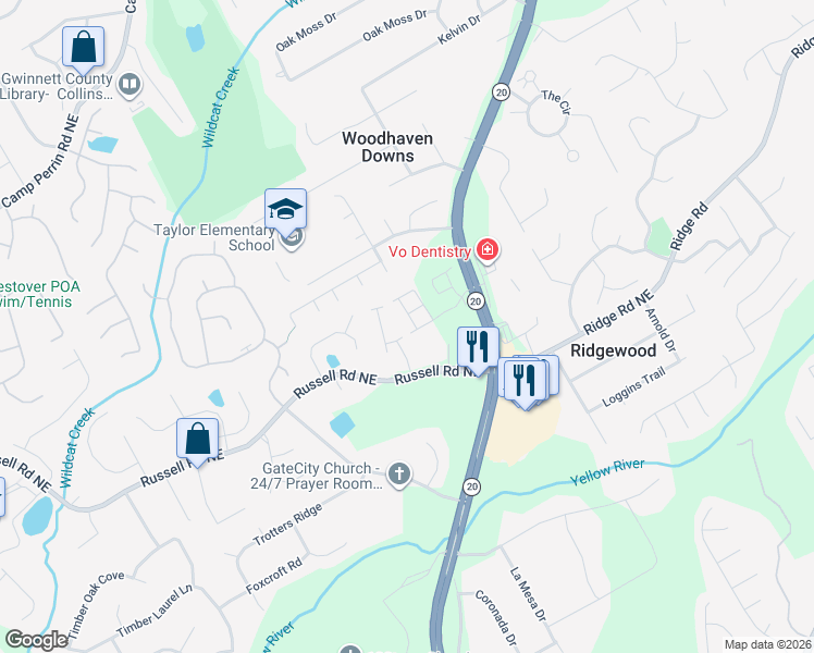 map of restaurants, bars, coffee shops, grocery stores, and more near 1616 Lansing Bluff Walk in Lawrenceville