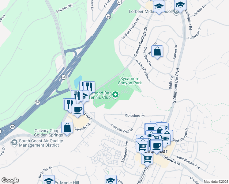 map of restaurants, bars, coffee shops, grocery stores, and more near 22832 Hilton Head Drive in Diamond Bar