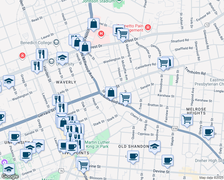 map of restaurants, bars, coffee shops, grocery stores, and more near 2439 Gervais Street in Columbia