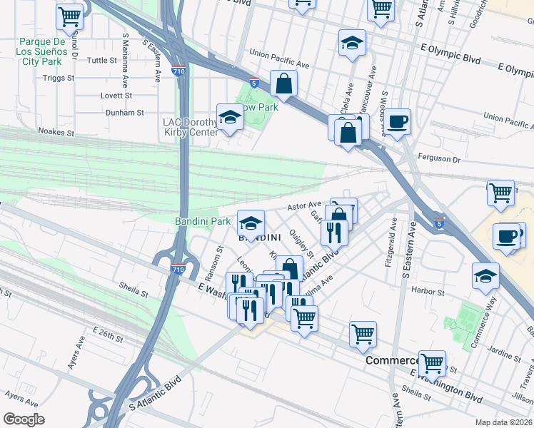 map of restaurants, bars, coffee shops, grocery stores, and more near 4912 Astor Avenue in Commerce