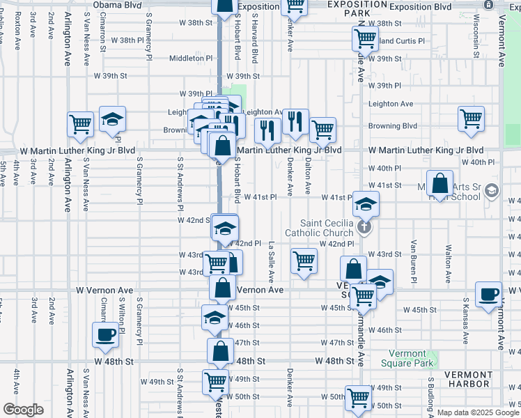 map of restaurants, bars, coffee shops, grocery stores, and more near 4166 South Harvard Boulevard in Los Angeles
