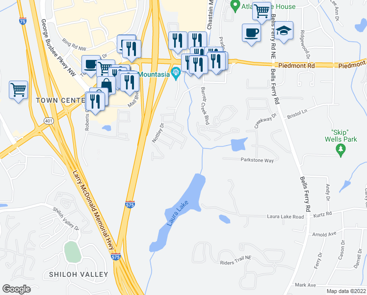 map of restaurants, bars, coffee shops, grocery stores, and more near 78 Flatwood Trail in Marietta