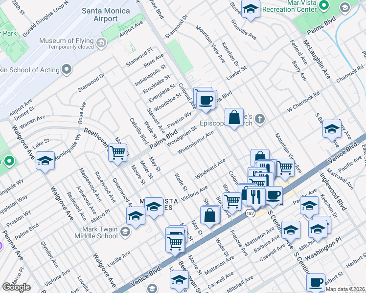 map of restaurants, bars, coffee shops, grocery stores, and more near 12609 Westminster Avenue in Los Angeles