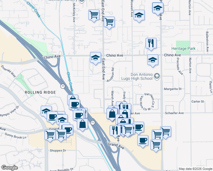 map of restaurants, bars, coffee shops, grocery stores, and more near 3702 Leticia Street in Chino