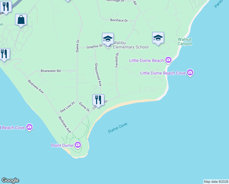 map of restaurants, bars, coffee shops, grocery stores, and more near 7161 Fernhill Drive in Malibu
