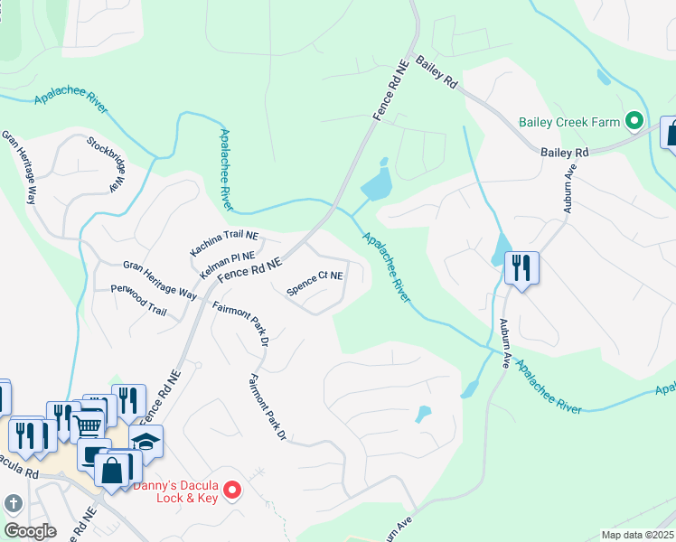 map of restaurants, bars, coffee shops, grocery stores, and more near 2896 Spence Court Northeast in Dacula