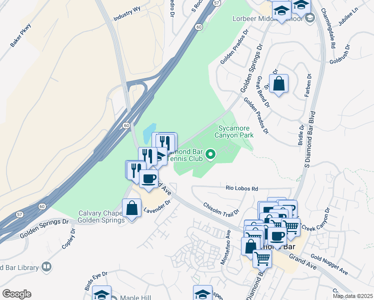map of restaurants, bars, coffee shops, grocery stores, and more near 22700 Lakeway Drive in Diamond Bar