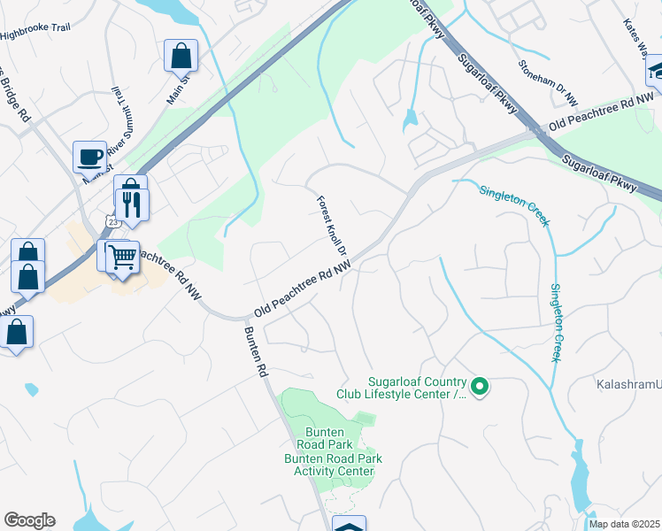 map of restaurants, bars, coffee shops, grocery stores, and more near 2427 Old Peachtree Road Northwest in Duluth