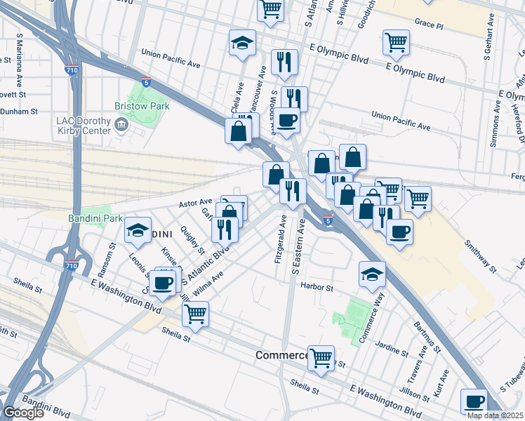 map of restaurants, bars, coffee shops, grocery stores, and more near 2119 South Atlantic Boulevard in Commerce